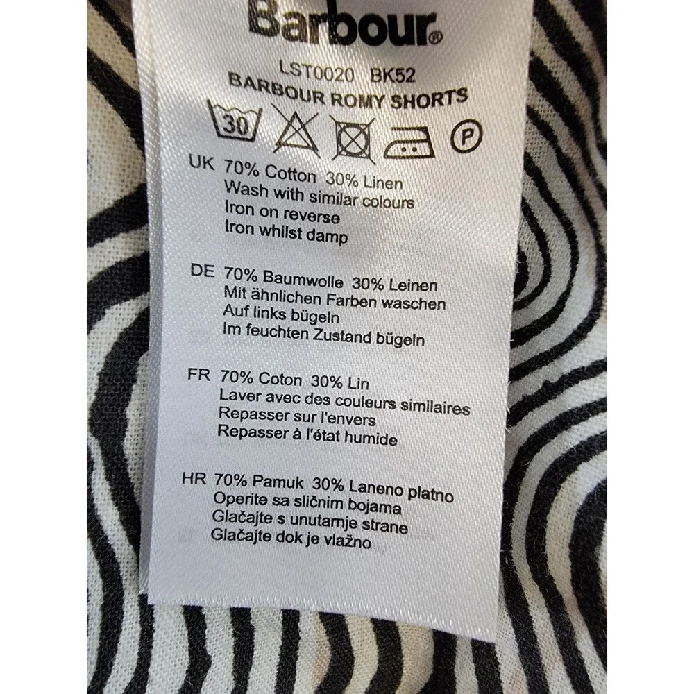 Barbour Romy Linen Blend Shorts Women's 12 Monochrome Zip Fly Hook & Bar Closure